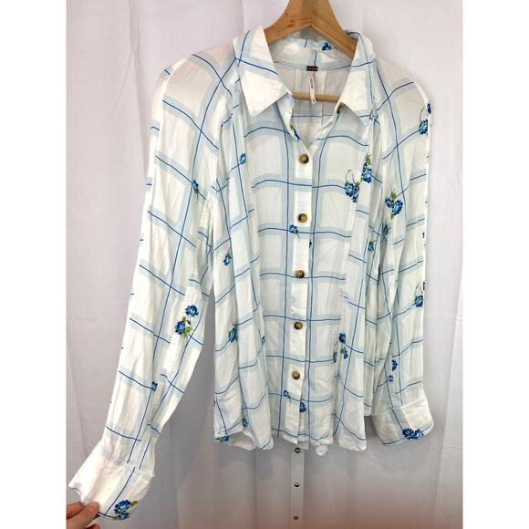 FREE PEOPLE Size S Window To My Heart Button Down Shirt Check Floral White Blue - Picture 6 of 9